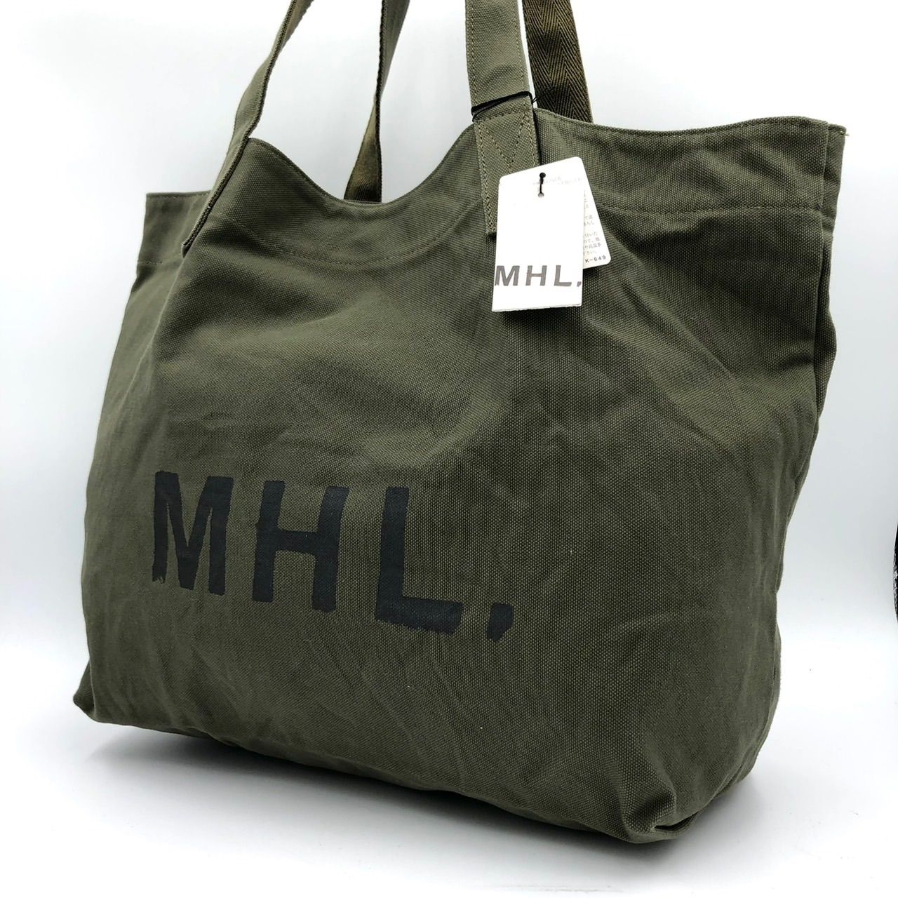 MHL. エムエイチエル トートバッグ キャンバス カーキ 大容量 ロゴ 良品