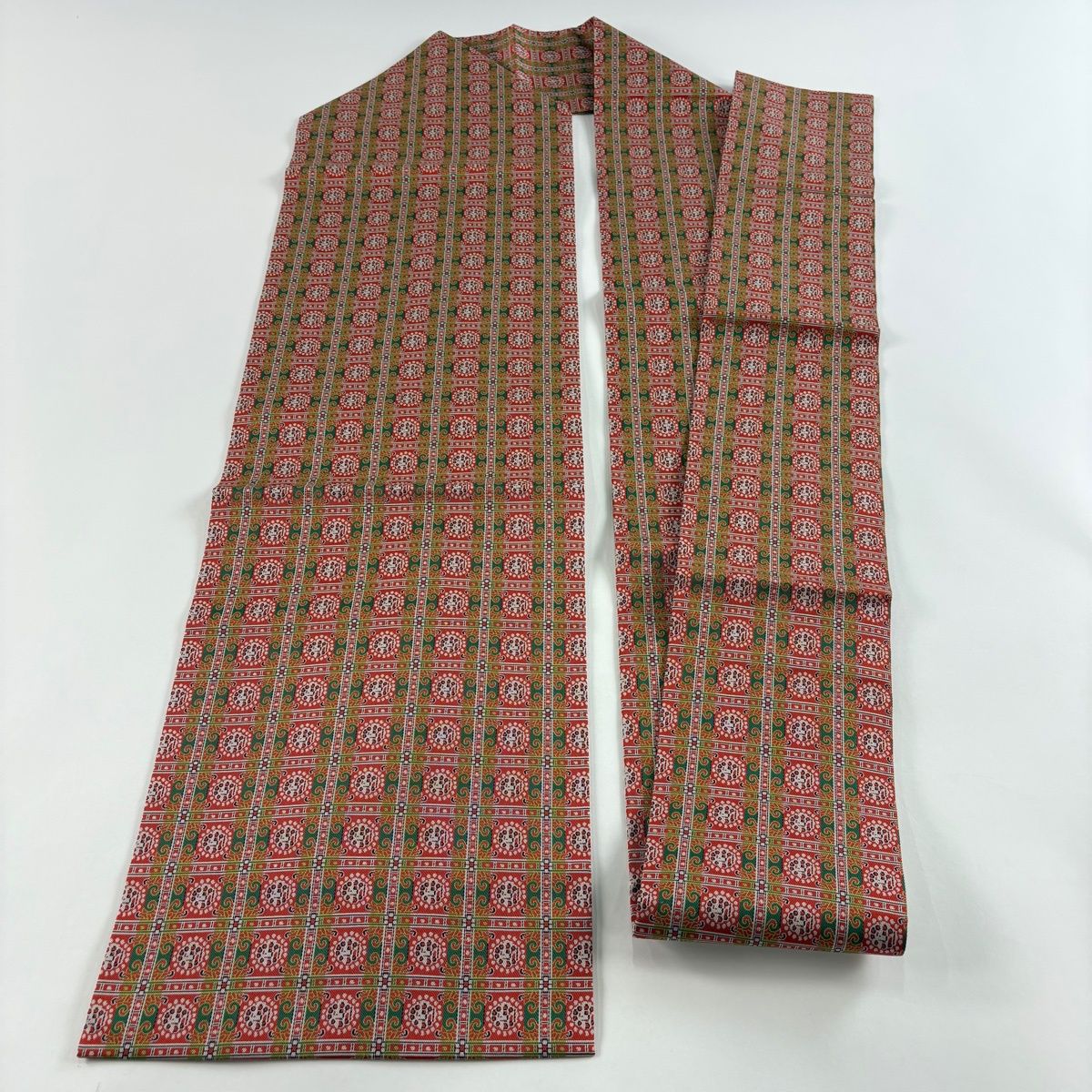 美品】 名古屋帯 名品 比翼仕立て 幾何学模様 朱色 正絹 【中古