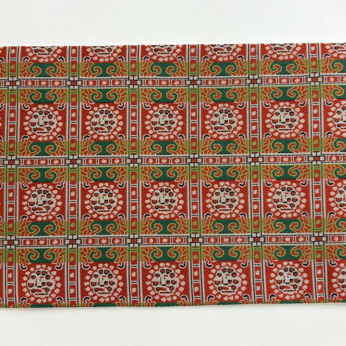 美品】 名古屋帯 名品 比翼仕立て 幾何学模様 朱色 正絹 【中古