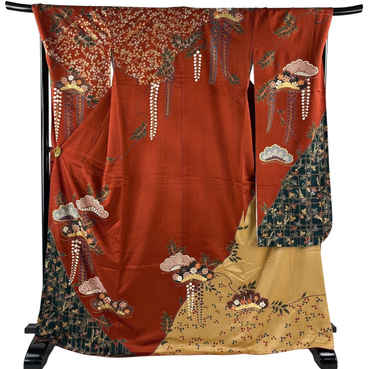 振袖 身丈169cm 裄丈69cm L 袷 笠松 菊 金糸 金彩 赤茶 正絹 秀品 【中古】