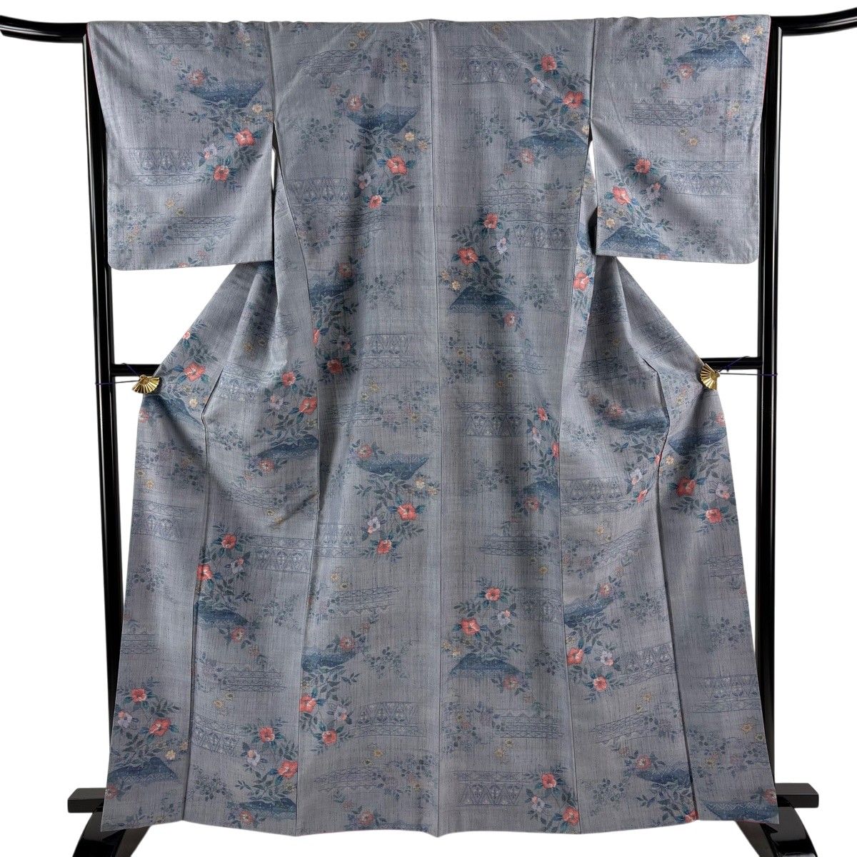 紬 身丈163cm 裄丈65cm M 袷 落款 椿 草花 灰紫 正絹 秀品 【中古