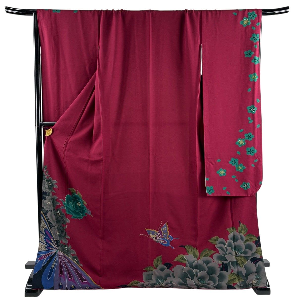 振袖 身丈173cm 裄丈70cm L 袷 薔薇 蝶 金彩 赤紫 正絹 秀品 【中古】