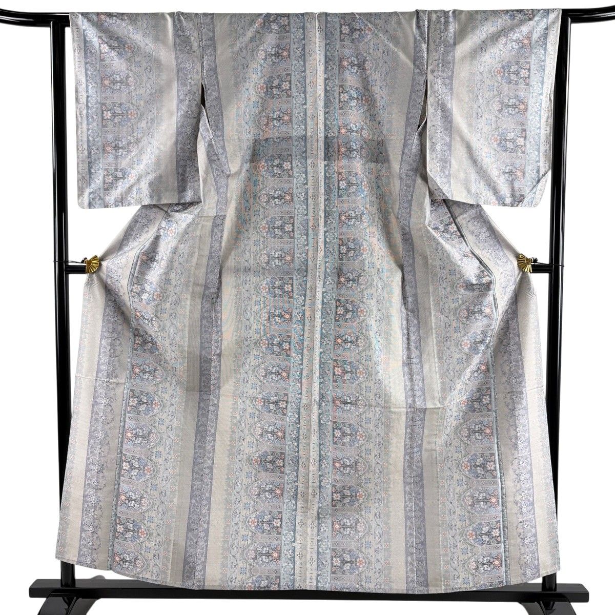 【美品】 紬 身丈158cm 裄丈64cm M 単衣 草花 縞 灰紫 正絹 秀品 【中古】