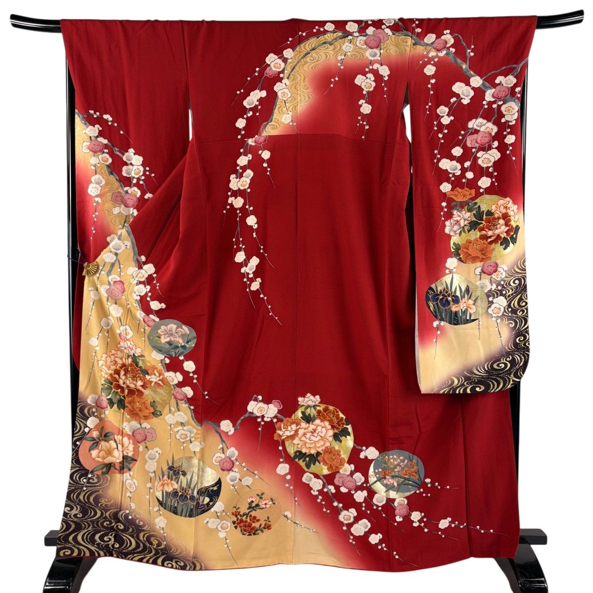 振袖 身丈164.5cm 裄丈68cm L 袷 ますいわ屋 枝梅 牡丹 金糸 金銀彩 赤 正絹 秀品 【中古】