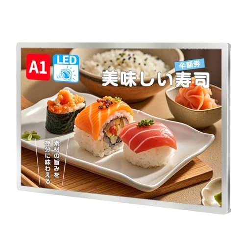 C-J-W LEDポスターパネル 薄型 卓上 壁掛け 光る看板 光るポスターフレーム ポスター入れLED看板 電飾看板 高輝度 高照度5500Lux A1サイズ シルバー 国内発送