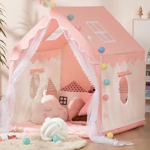 プリンセスお城テント 大型キッズテント 子供遊びテント おもちゃ小屋 屋内屋外兼用 光る星ライト付き 通気性紗カーテン プレイハウス 女の子 誕生日プレゼント パーティー装飾 秘密基地 ピンク 国内発送