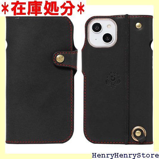 HUKURO iPhone16e/14 兼用 手帳型 ケース 栃木レザー 日本製 本革 スマホケース 落下防止 グリップ カバー ストラップホール 持ちやすい 右手持ち ブラック 赤糸 フクロ 576