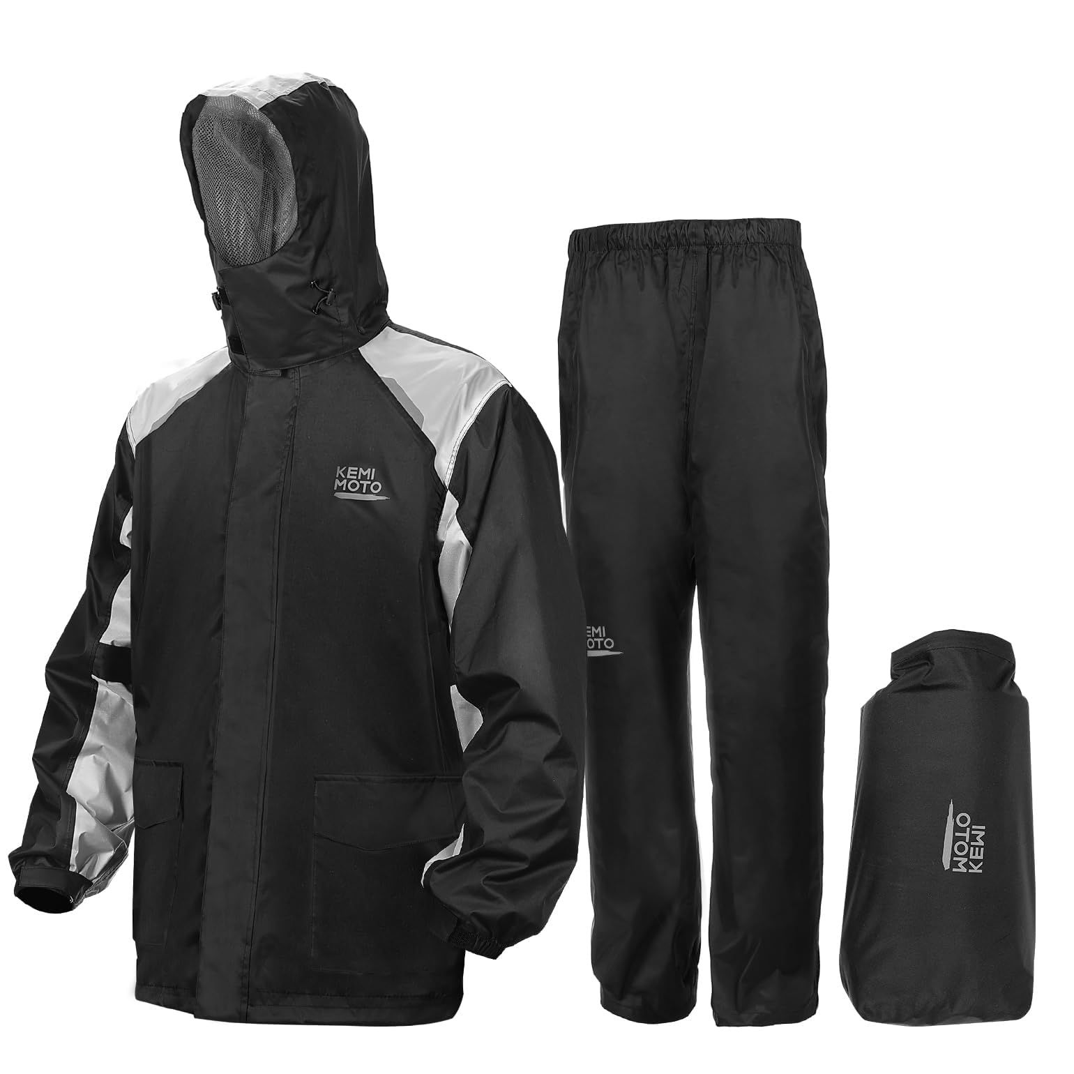 新品 [KEMIMOTO] バイク レインウェア レインコート【 IPX6級防水性&耐水圧15000mm】 上下セット レインスーツ メンズ バイク用レインジャケット カッパ 反射ストリップ 自転車 防水 雨具 KM1103 ブラック XL
