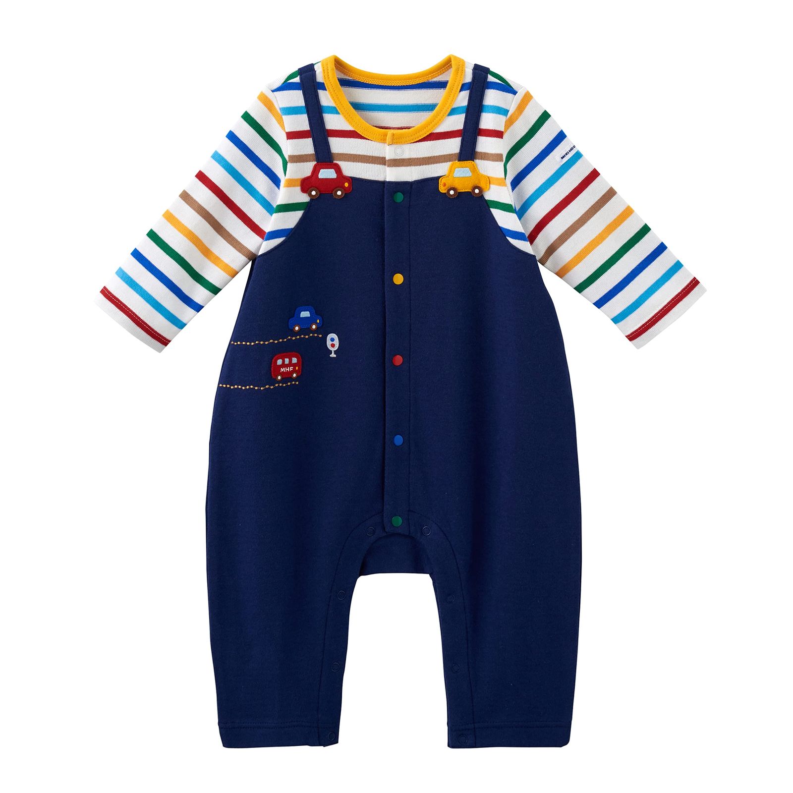 新品 [ミキハウス] カバーオール ロンパース くるま 長袖 日本製 男の子 ベビー ベビー服 赤ちゃん 43-1211-497 80cm 紺