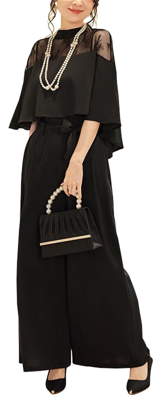 新品 [ZHENGTU] パンツスーツ レディース セットアップ トップス+ワイドパンツ ブラウス フレア レース切り替え ズボン 上下 2点セット クルーネック 体型カバー セレモニー フォーマル 結婚式 (ブラックXL)