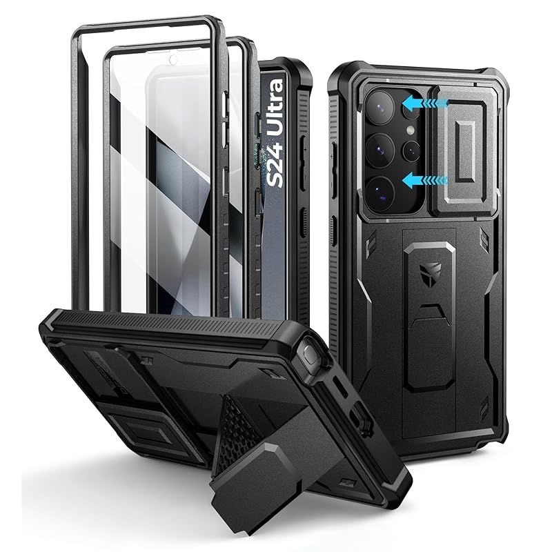 【新品】 Dexnor Samsung Galaxy S24 Ultra用 ケース - スライド式内蔵カメラカバー＆画面保護フィルム＆キックスタンド付き ヘビーデューティ耐衝撃 頑丈 フルボディバンパー保護カバー(ブラック) 0