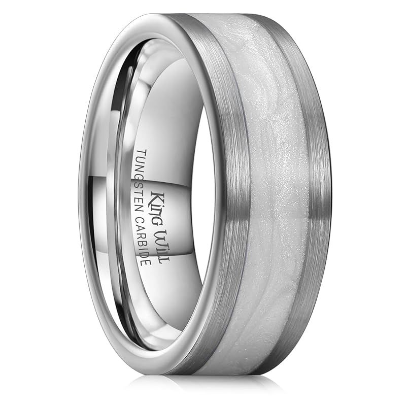 [King Will] メンズ シルバー タングステン結婚指輪 8mm ギャラクシー コスモス ホワイトサンドインレイ バレルデザイン フラットパイプカット マットブラッシュ仕上げ コンフォートフィット 1