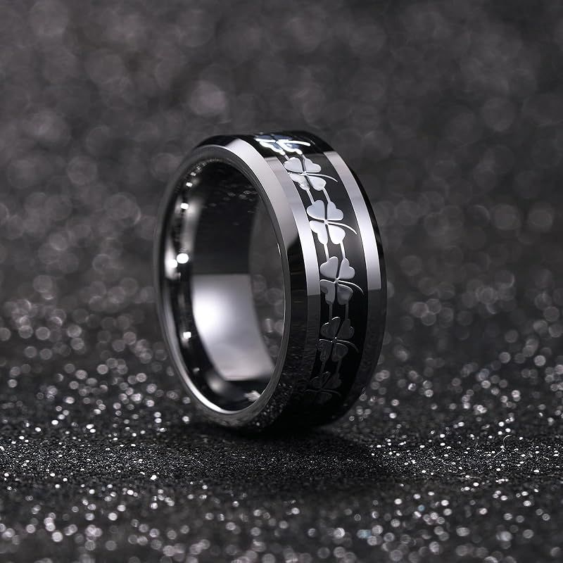 [King Will] メンズ ガンメタル タングステン結婚指輪 8mm ブラックプレート 四つ葉クローバーインレイ ポリッシュ仕上げ ベベルエッジ コンフォートフィット ラッキーリング 0