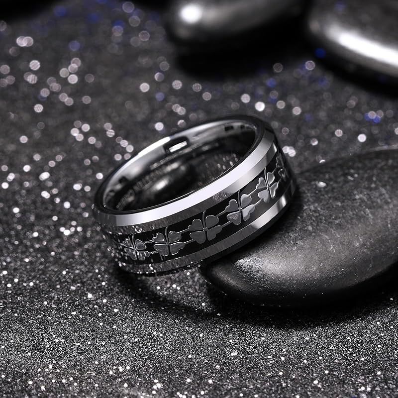 [King Will] メンズ ガンメタル タングステン結婚指輪 8mm ブラックプレート 四つ葉クローバーインレイ ポリッシュ仕上げ ベベルエッジ コンフォートフィット ラッキーリング 0