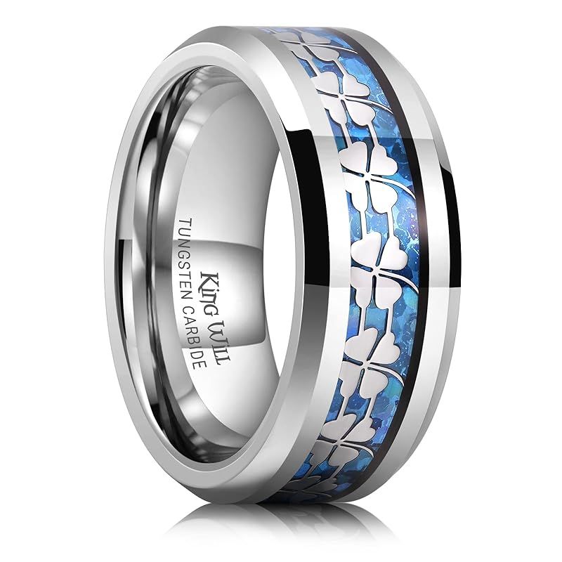 [King Will] メンズ タングステン結婚指輪 8mm ガンメタル ブルーオパールプレート 四つ葉クローバーインレイ 高光沢 ベベルエッジ コンフォートフィット 婚約リング 0