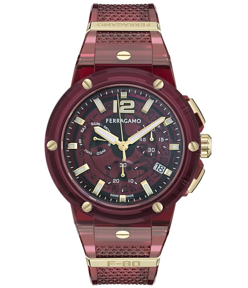 サルヴァトーレ フェラガモ レディース アクセサリー 腕時計 Salvatore Ferragamo Mens F80 Translucent Chronograph Strap Watch Burgundy バーガンディ