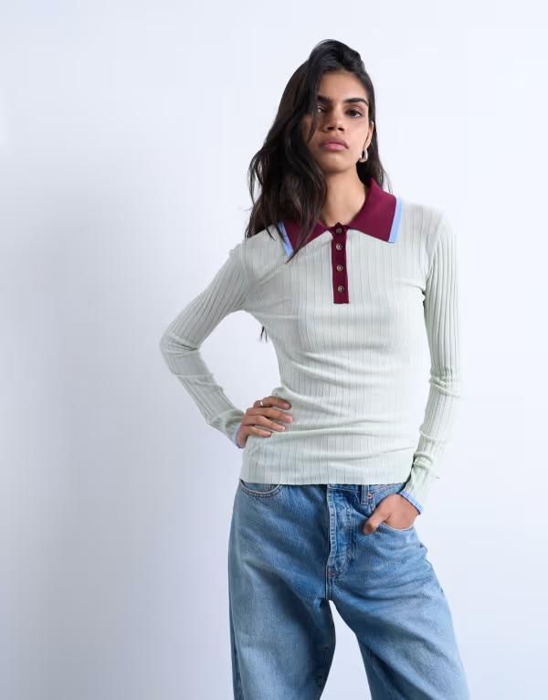 トップショップ レディース トップス ポロシャツ リブ シアー コントラスト ニット Topshop knit contrast collar sheeribbed polo in mint ミント