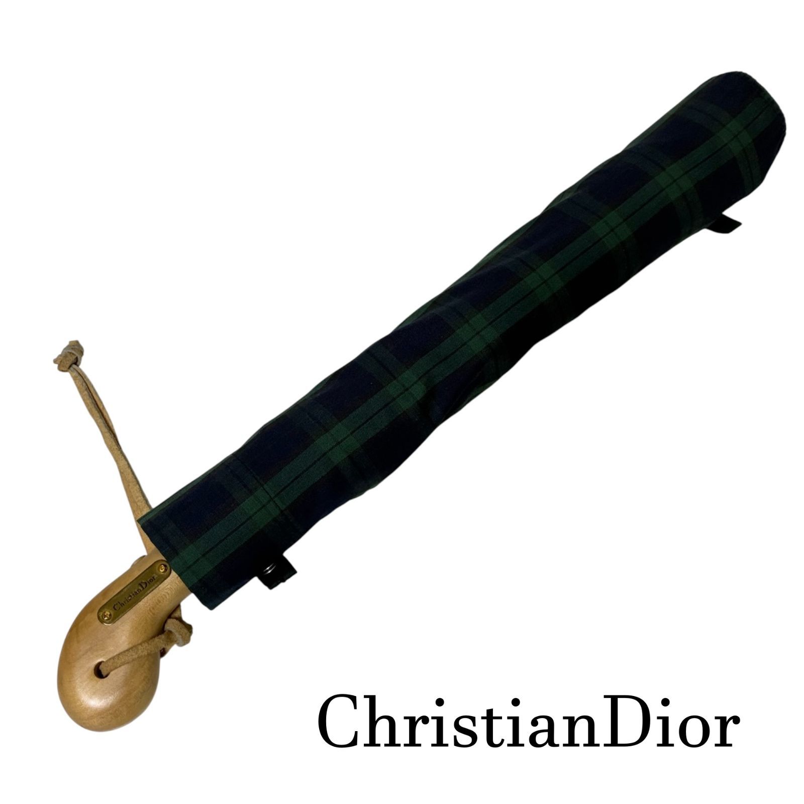 クリスチャンディオール Christian Dior ブラックウォッチ ウッドハンドル ワンタッチ ジャンプ式 　晴雨兼用 　折りたたみ傘 　日傘パラソル