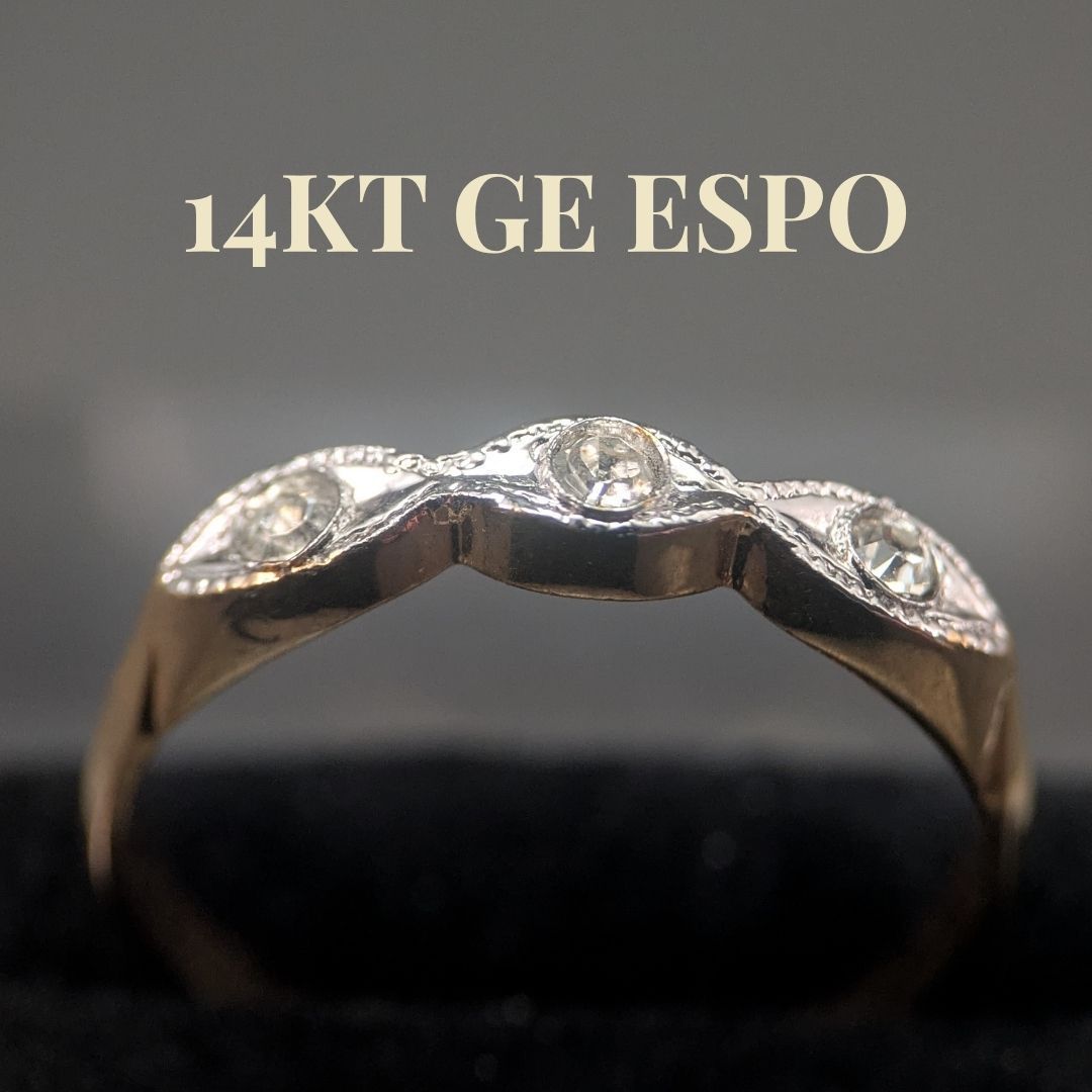 ESPO 16.5号 14KT GE 3連ストーン デザイナーズリング ゴールド 米国 ヴィンテージ メンズ レディース
