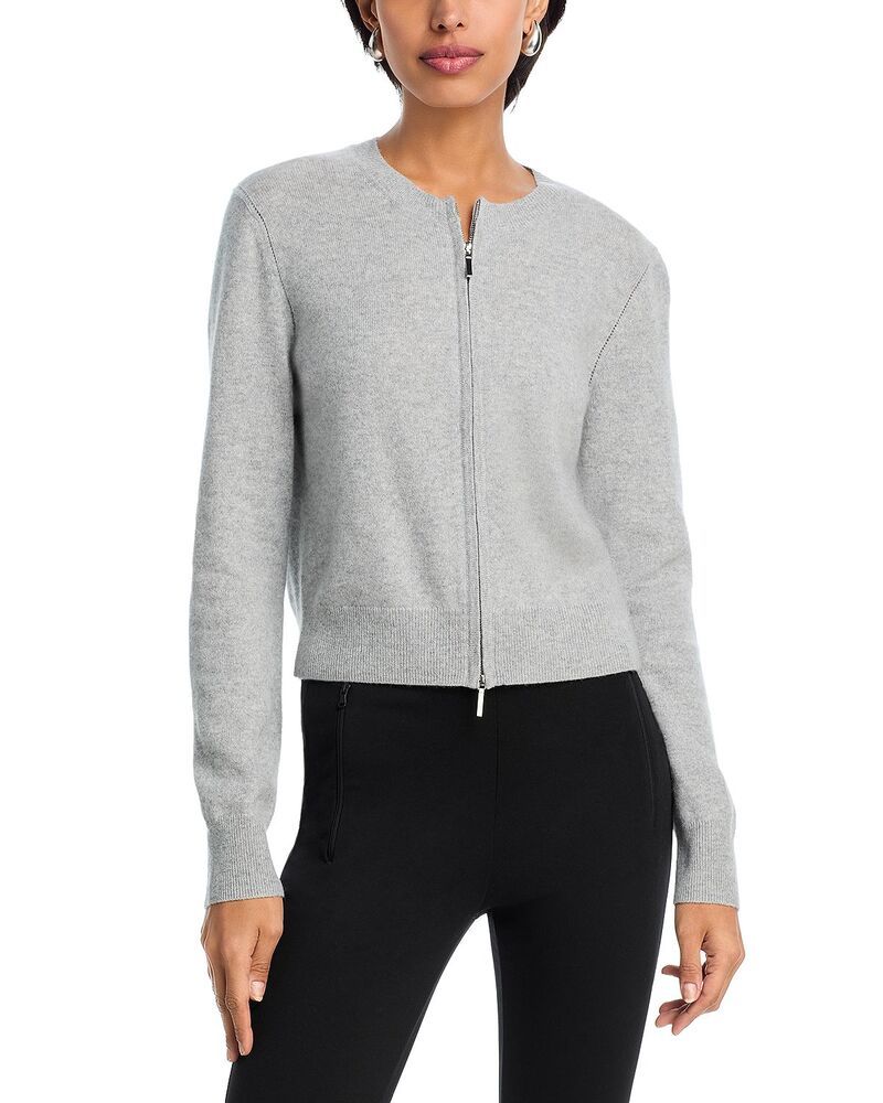 アクア レディース アウター カーディガン クルーネック AQUA 100 Cashmere Full Zip Crewneck Cardigan Exclusive Light Gray グレー