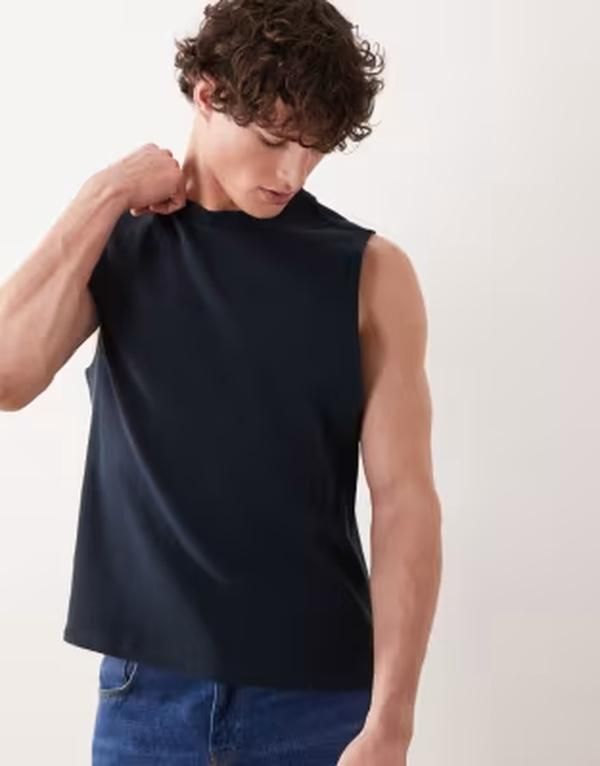 エイソス メンズ トップス ベスト レギュラーフィット ASOS DESIGN regular fit boxy tank waffle Sky captain ネイビー
