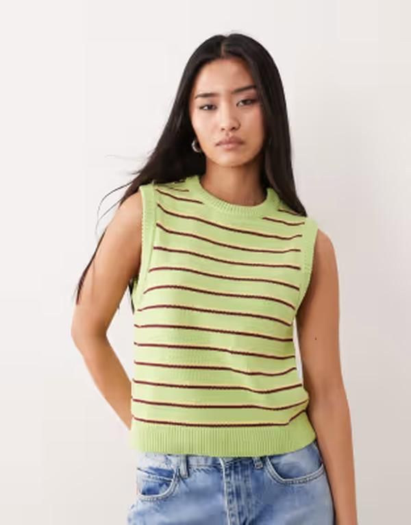 エイソス レディース トップス タンクトップ コットン ニット ASOS DESIGN knit cotton rich tank top stripe green グリーン