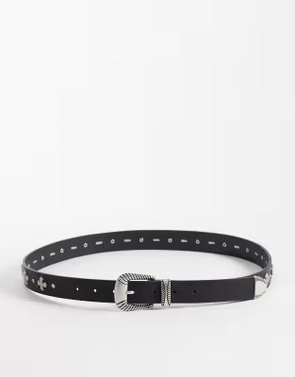 エイソス メンズ アクセサリー ベルト レザー フェイクレザー ASOS DESIGN faux leather crosstudded belt with western textured buckle Black ブラック