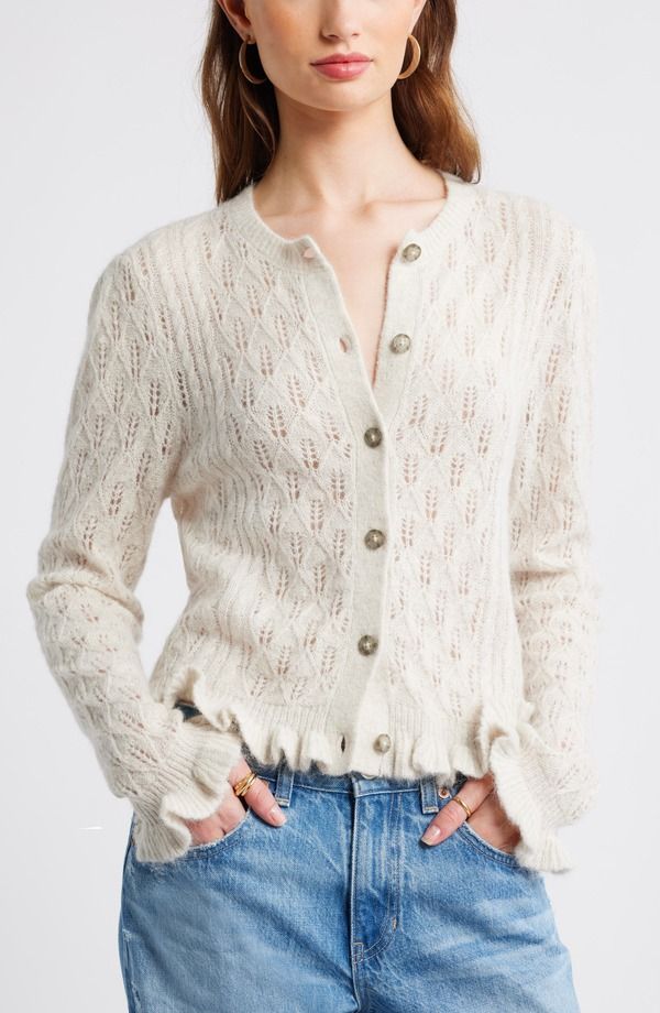 トレジャーアンドボンズ レディース アウター パーカー・スウェット フリル カーディガン Treasure Bond Pointelle Ruffledge Cardigan Beige Oatmealight Heather ヘザー