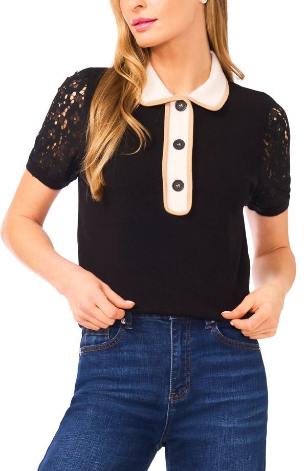 セセ レディース アウター パーカー・スウェット ポロシャツ セーター レース CeCe Lace Sleeve Polo Sweaterich Black ブラック 18,346円
