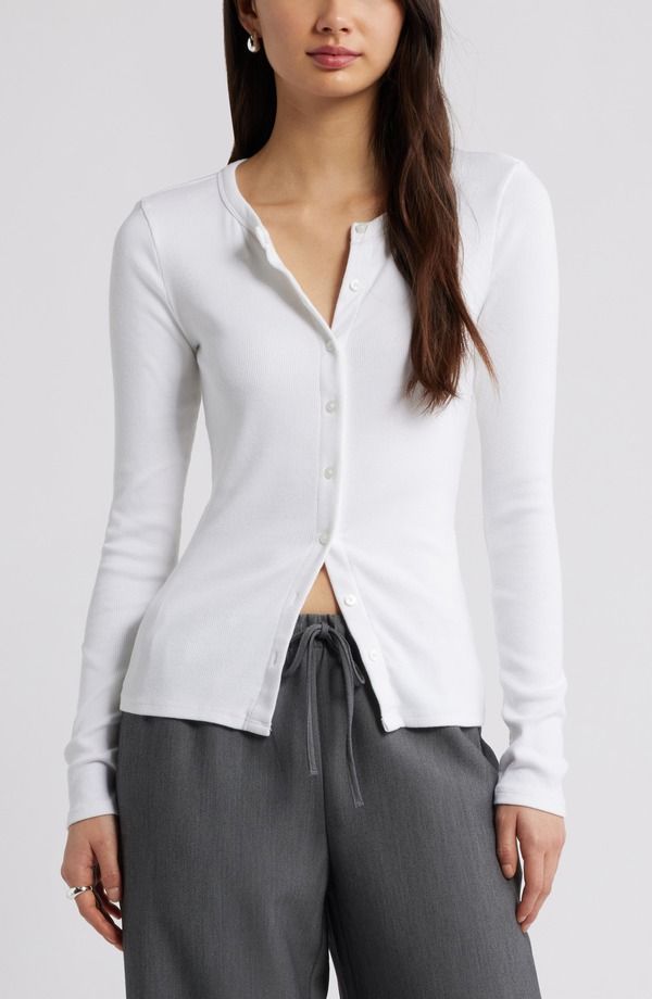 オープンエディット レディース アウター パーカー・スウェット カーディガン Open Edit Long Sleeve Rib Cardigan White ホワイト