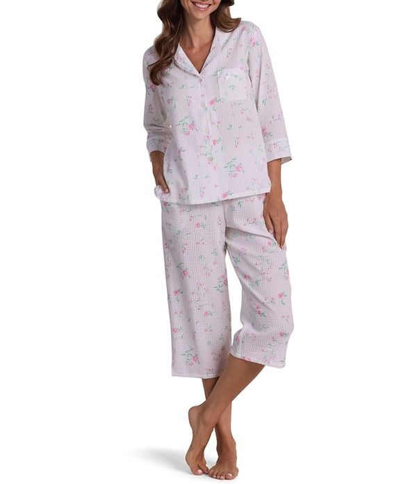 ミス エレーン レディース アンダーウェア ナイトウェア プリント コットン キャップ Miss Elaine Rose Print 34 Sleeve Notch Neck Cotton Seersucker Capri Pajama Set Pink Ro