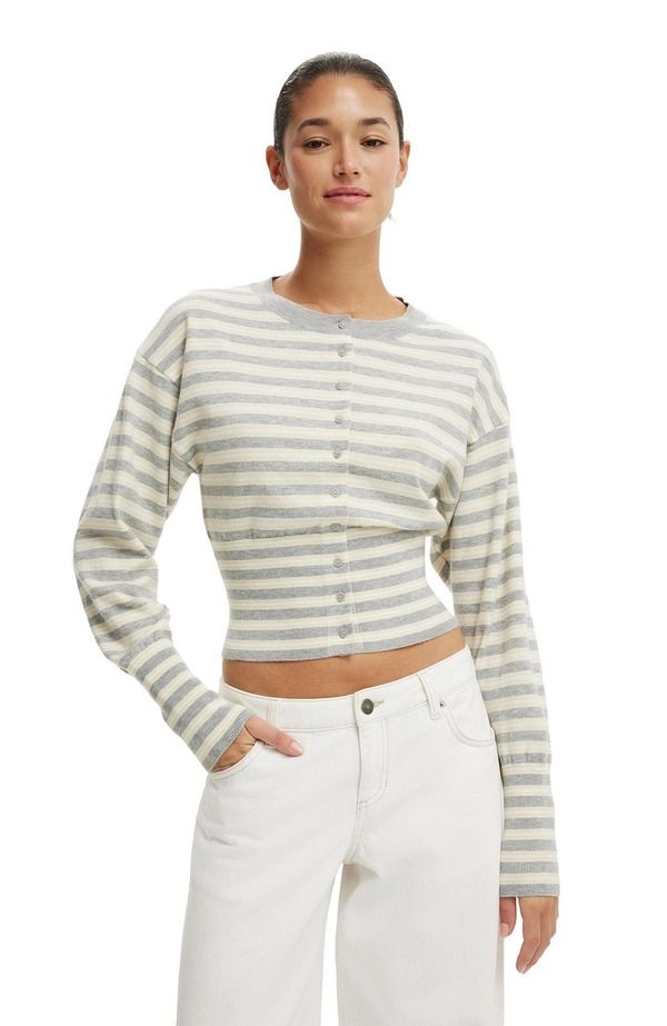 コットンオン レディース アウター パーカー・スウェット カーディガン Cotton Womensara Button Cardigan Grey Marle Butter Stripe グレー