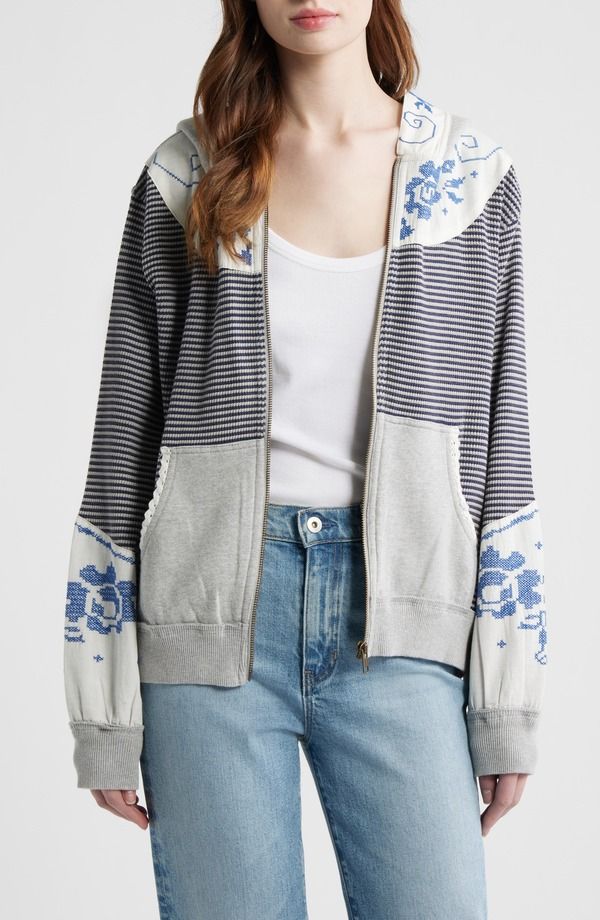 フリーピープル レディース アウター パーカー・スウェット セーター Free People Lydia Mixed Media ZipUp Hooded Sweater Grey Combo グレー