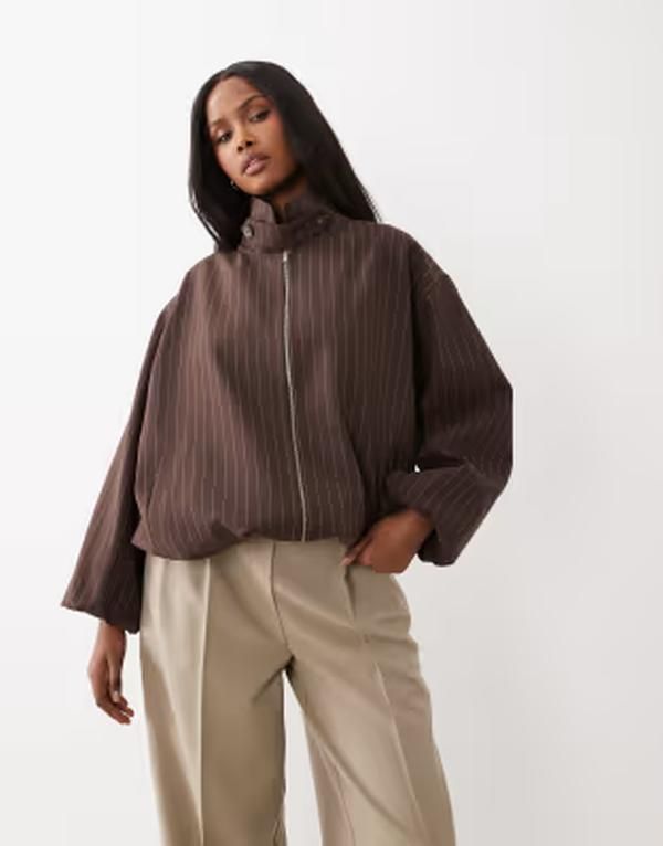 エイソス レディース アウター ジャケット・ブルゾン スタンドネック ASOS DESIGN casual harrington jacket with funnel neck pinstripes Brown Stripe ブラウン