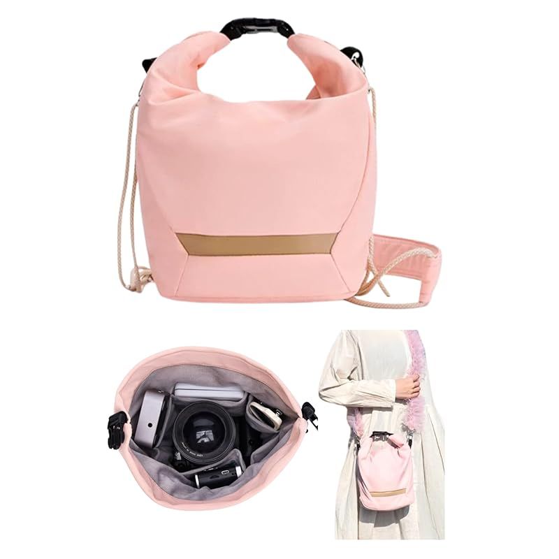 【新品】 【カメラバッグに見えない！】カメラバッグ ミラーレス/コンデジなどに対応 着せ替えストラップ 7ポケット 撥水加工 嬉しい複数WAY【肩掛け/手提げ/バッグイン/カメラストラップ】 旅行/撮影/デイリーユースに 軽量 巾着型 レディース カメラ保 1