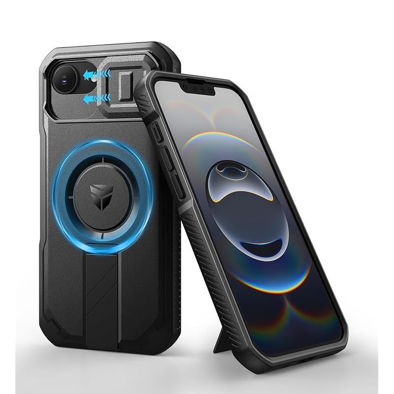 【新品】 Dexnor iPhone 16e/17e 用 ケース - スライド式カメラカバー＆調整可能キックスタンド付き マグネット式耐衝撃 ヘビーデューティ プロテクティブカバー - ブラック 0