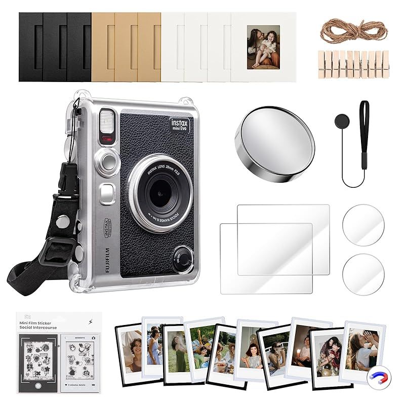 【新品】 HIYQIN for fujifilm instax mini evo カメラケース,チェキアクセサリーセット Instax Mini EVO専用クリアケース/レンズカバー/液晶フィルム/レンズ用PETフィルム/マグネットフォトフレーム/ロープ/ 0
