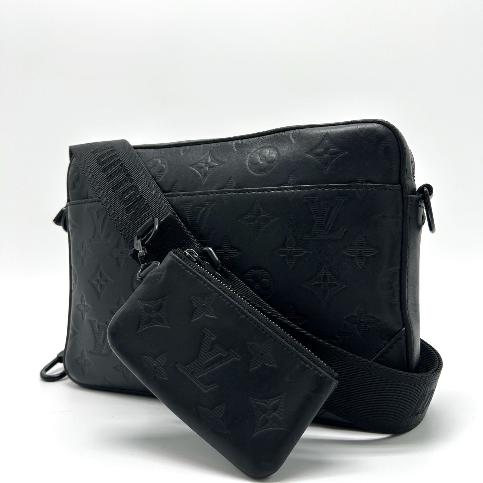 ◎ICチップ 美品 LOUIS VUITTON ルイヴィトン デュオメッセンジャー モノグラムシャドウ ショルダーバッグ 肩掛け クロスボディ ポーチ付き シルバー金具 RFID レザー ブラック メンズ レディース ユニセックス