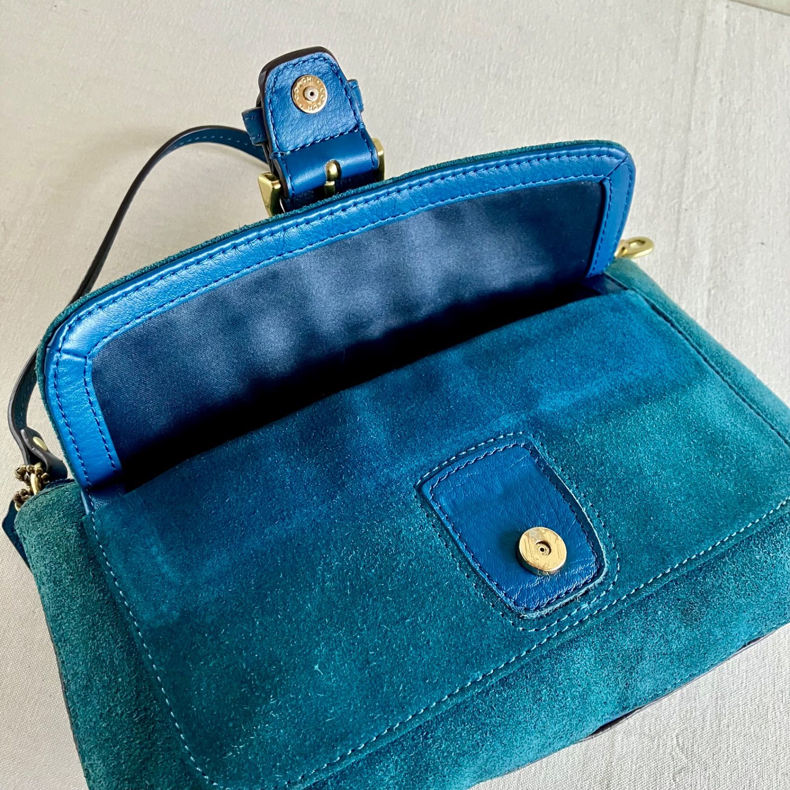 Coach Vintage Teal Suede Leather Buckle Flap Baguette Shoulder Bag 