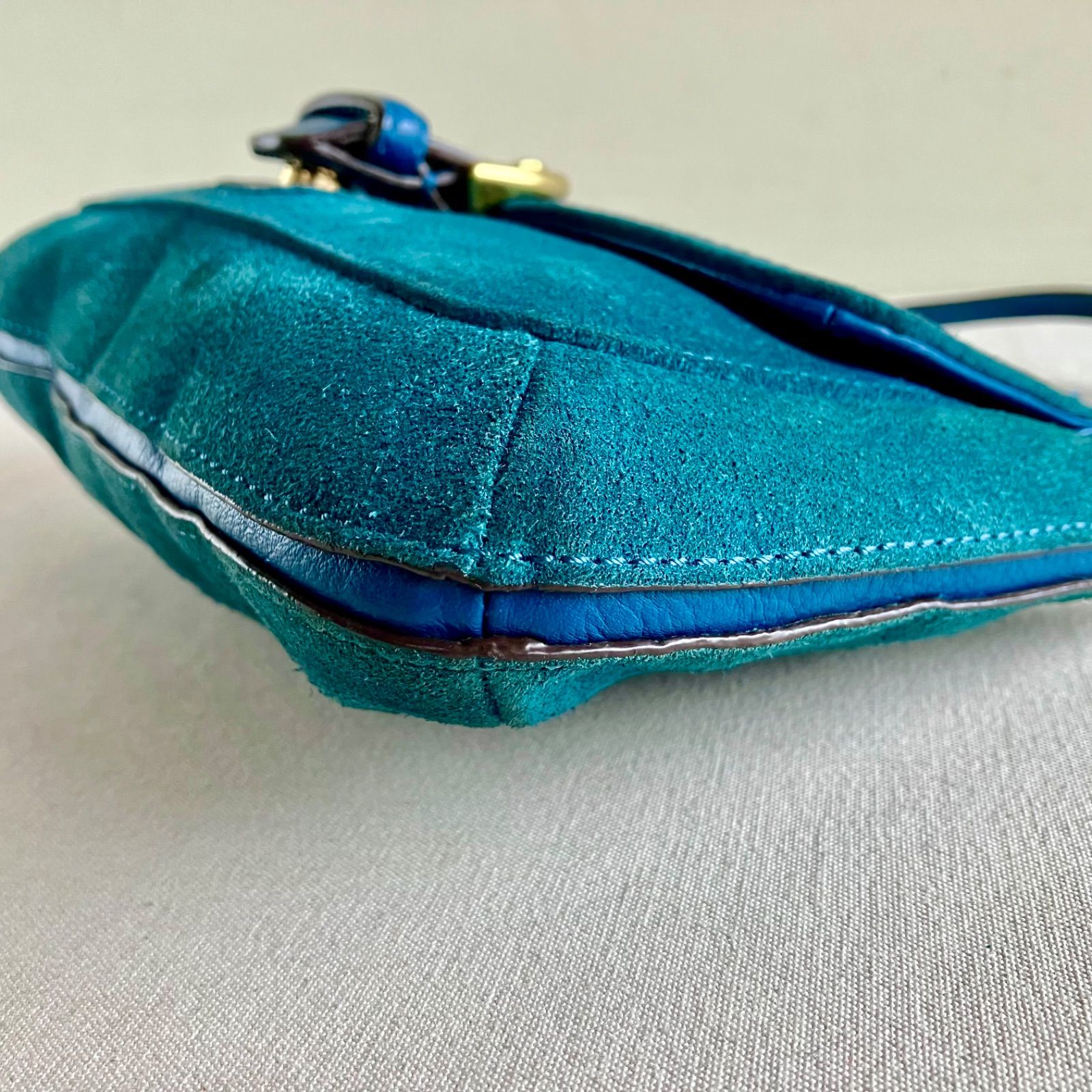 Coach Vintage Teal Suede Leather Buckle Flap Baguette Shoulder Bag 
