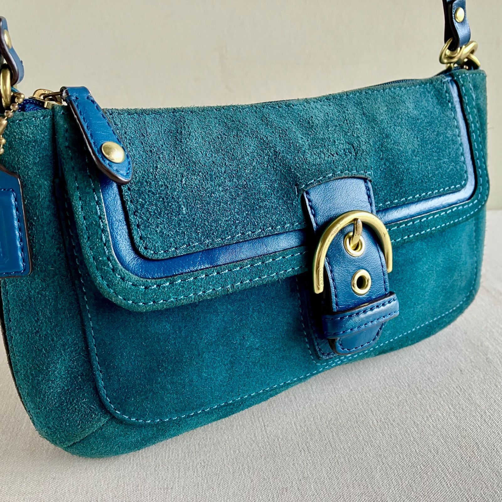Coach Vintage Teal Suede Leather Buckle Flap Baguette Shoulder Bag 