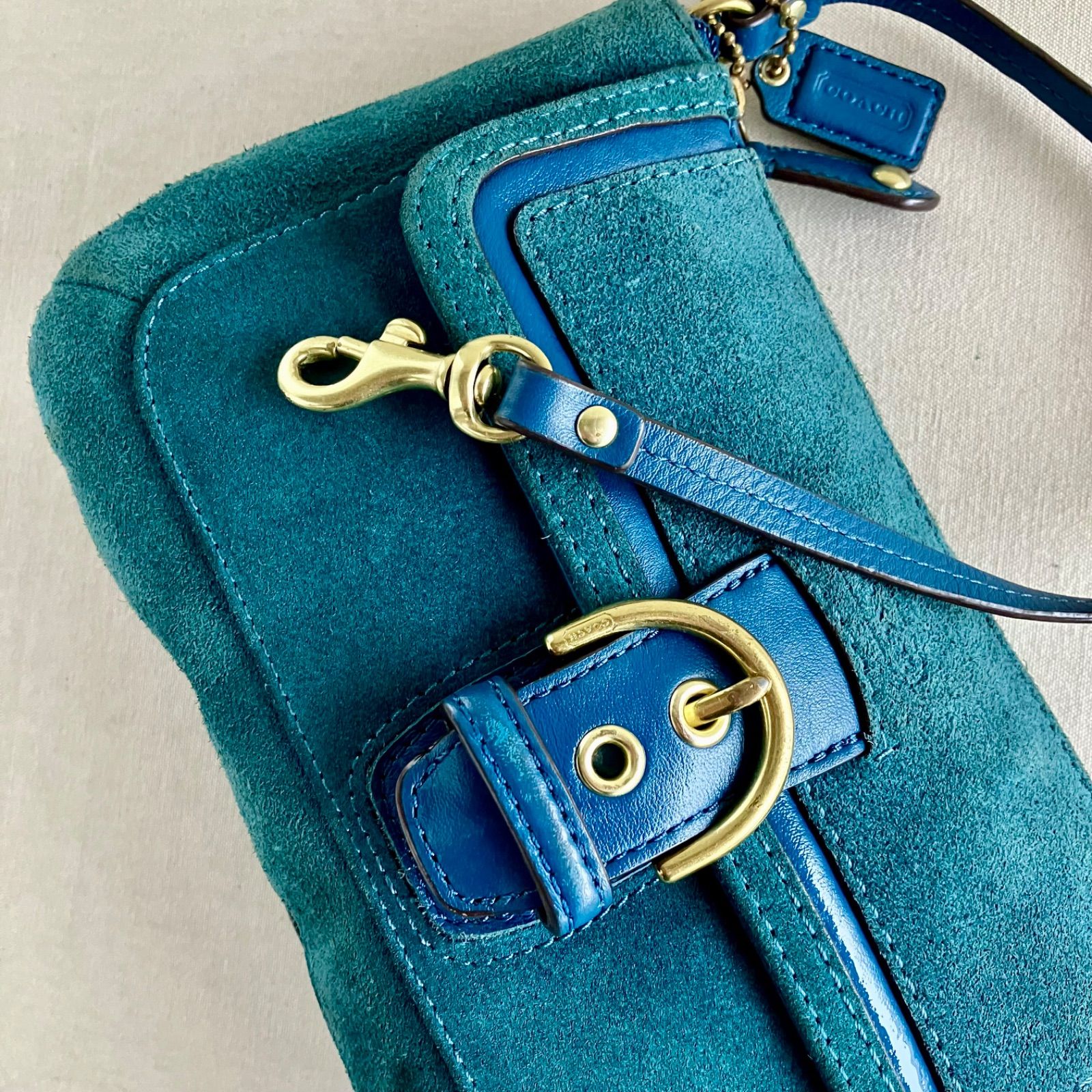 Coach Vintage Teal Suede Leather Buckle Flap Baguette Shoulder Bag 