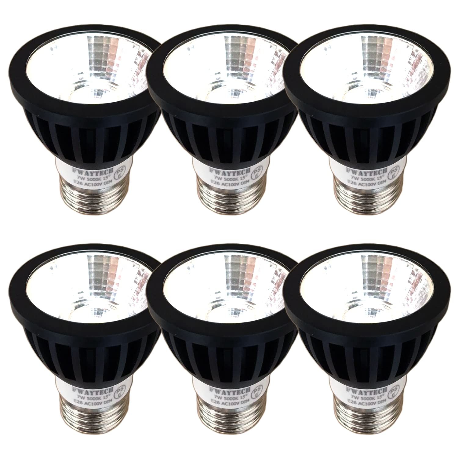 新品 Fwaytech ledスポット e26 ブラック 調光器対応 7W ハロゲン電球60W～75W相当 ダクトレールLEDスポットライト 密閉器具対応 6個セット (昼白色相当(5000K) 本体黒 (狭角15度) E26口金 調光対応)