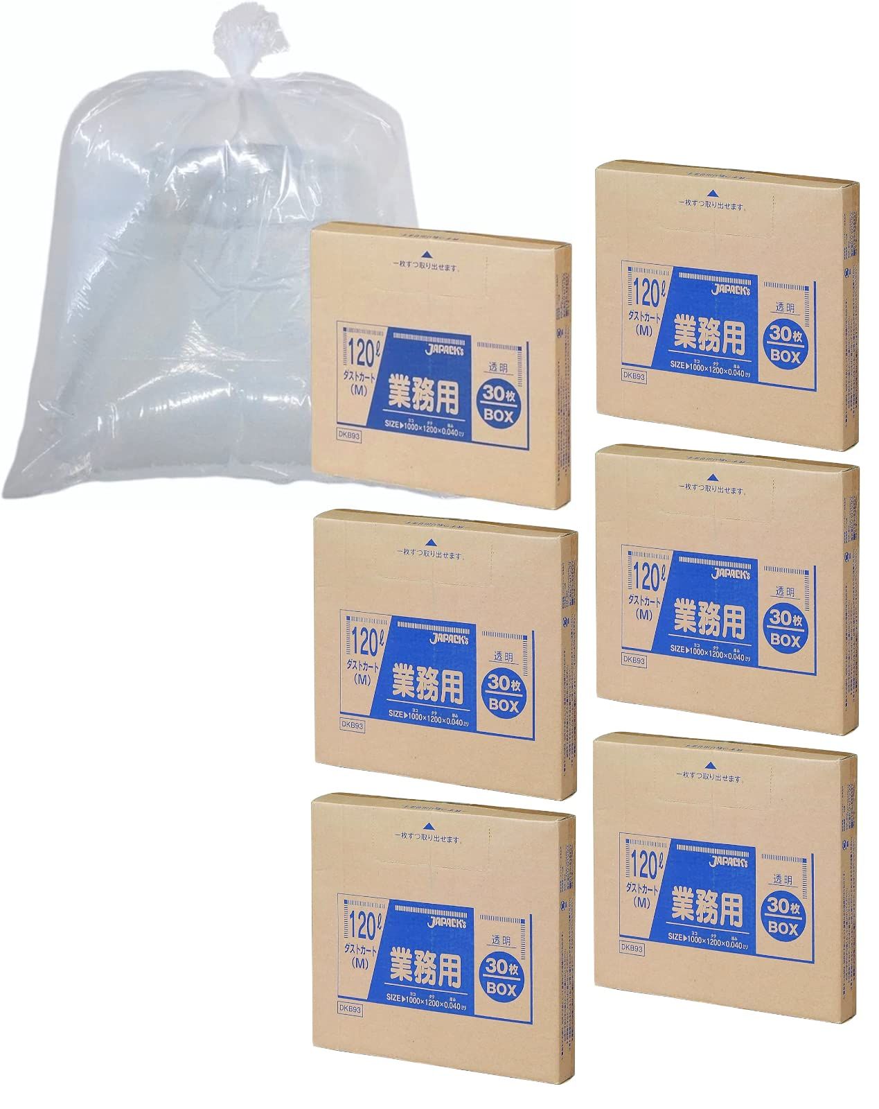 新品 ジャパックス ゴミ袋 約縦120cm×横100cm×厚み0.04mm 120L ダストカート 透明 BOX 180枚(30枚×6個)ケース販売 DKB93
