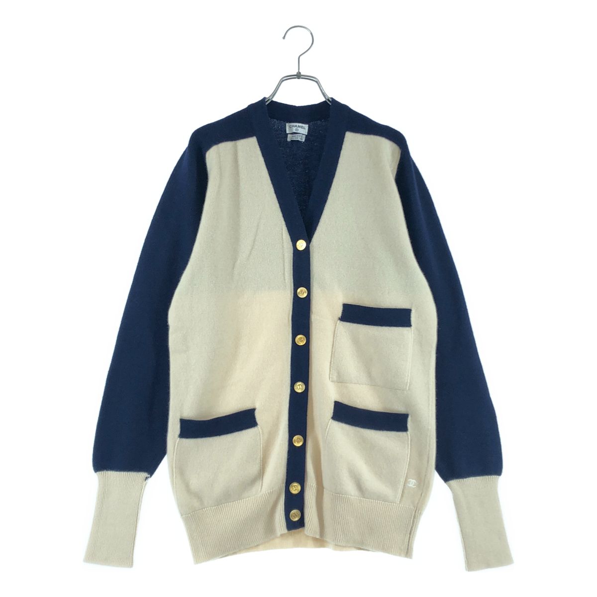 【美品】 CHANEL / シャネル | カシミヤ ワンポイントロゴ Vネック ニット ロングカーディガン | M | ネイビー / アイボリー | レディース