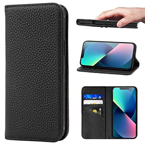 For 適用する iPhone 13 mini ケース 手帳型 本革 カバー 耐衝撃 保護 内蔵マグネッ RFIDト 財布型 携帯カバー カードポケット スタンド機能 に適した アイフォン 13 mini - ﾌﾞﾗｯｸ shu