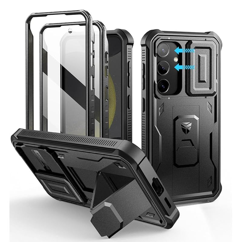 【新品】 Dexnor Samsung Galaxy S24用 ケース - スライド式内蔵カメラカバー&画面保護フィルム&キックスタンド付き ヘビーデューティ耐衝撃 頑丈 フルボディバンパー保護カバー(ブラック) 0