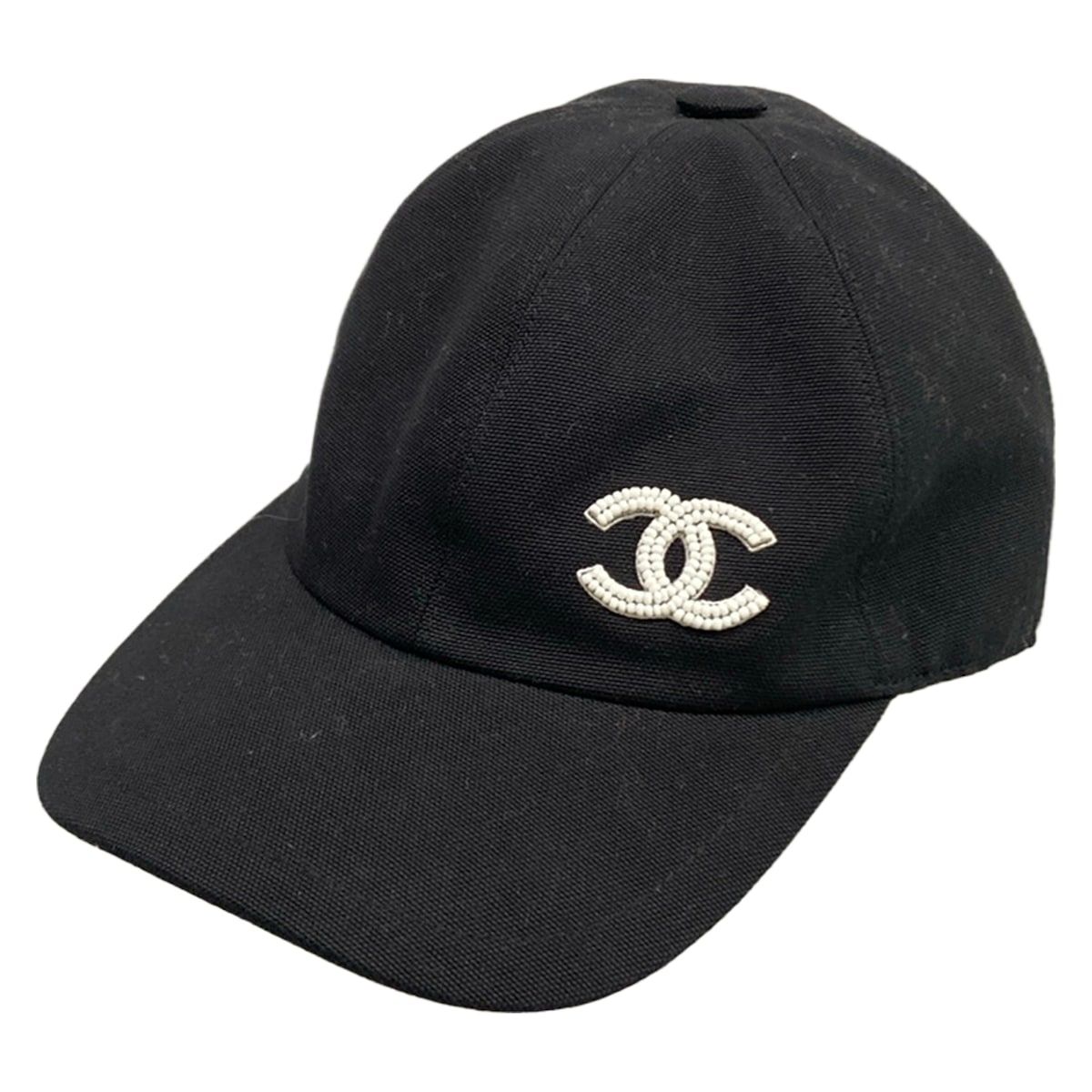 CHANEL(シャネル) キャップ - 黒×白 ビーズ/ココマーク コットン、シルク