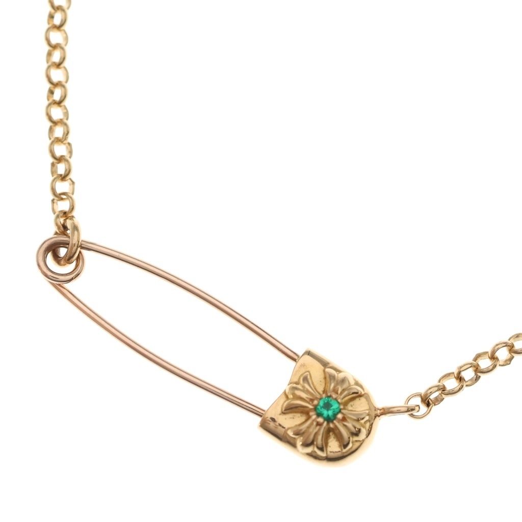 CHROME HEARTS (クロムハーツ) 22K SAFETY PIN R18 1EMRLD セーフティピン 1エメラルド ロールチェーンネックレス 18inch ゴールド