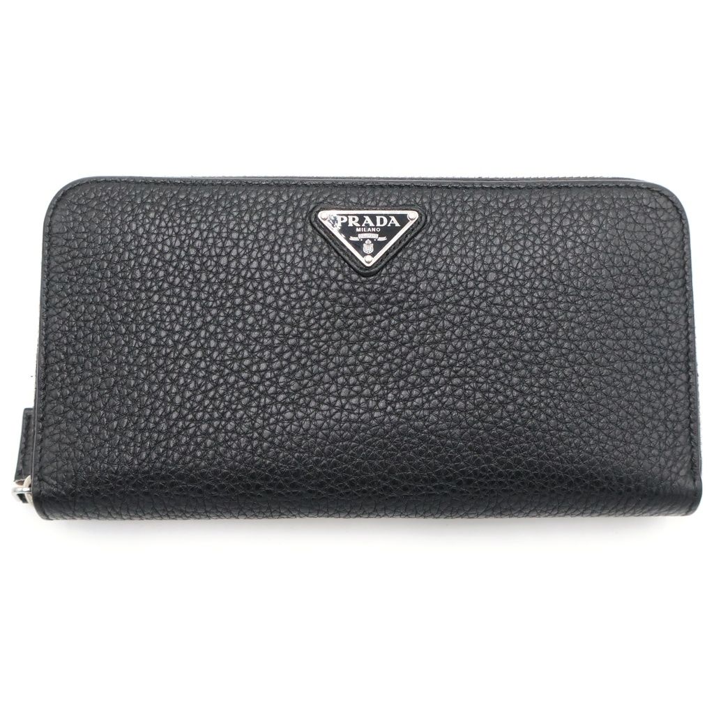 PRADA (プラダ) トライアングルロゴプレート レザー ラウンドファスナー ロングウォレット 長財布 シルバー金具 ブラック 2ML317
